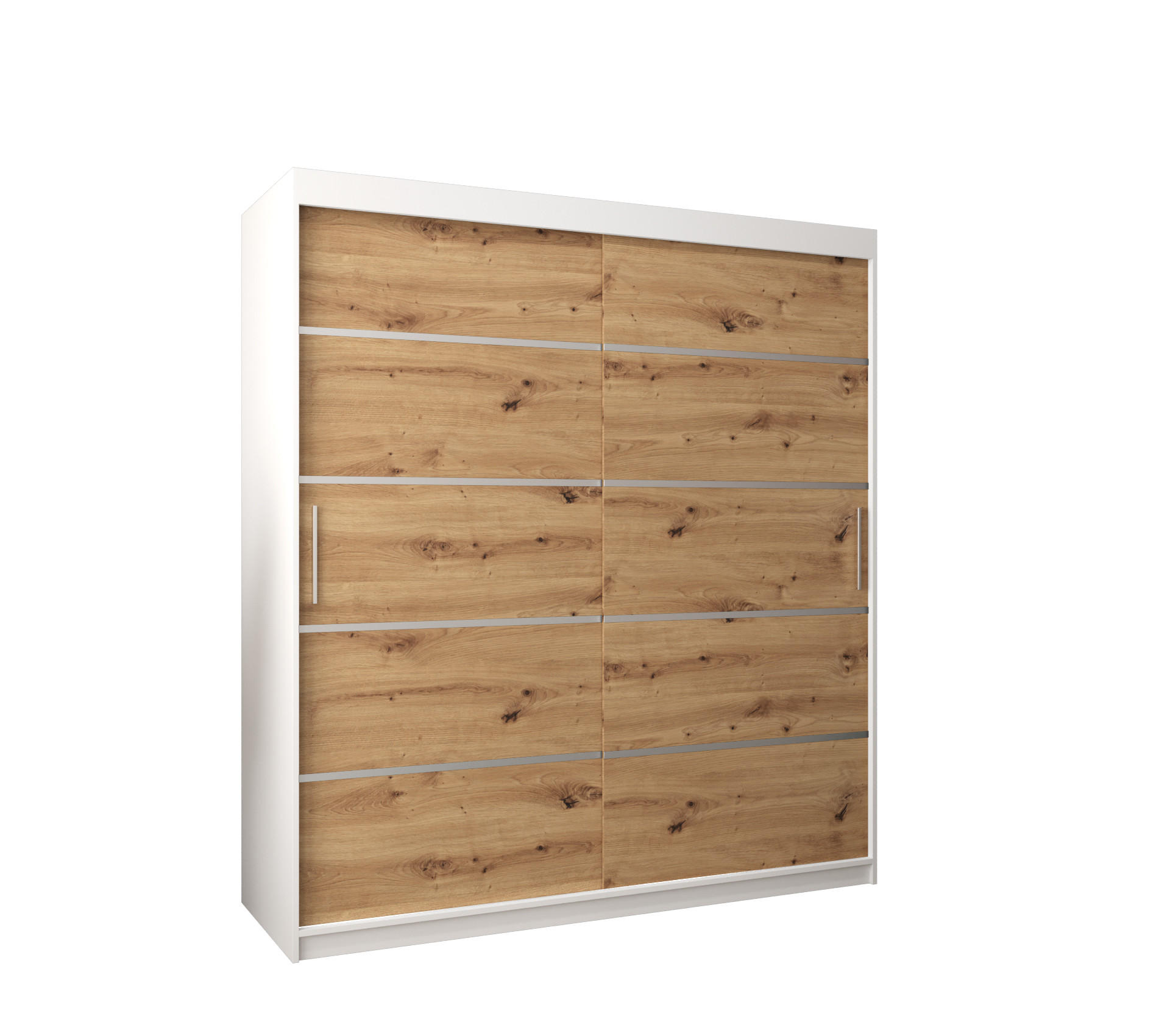 Abiks Möbel Schwebetürenschrank Weiß, Eiche Artisan, Silber 180x200x62 cm