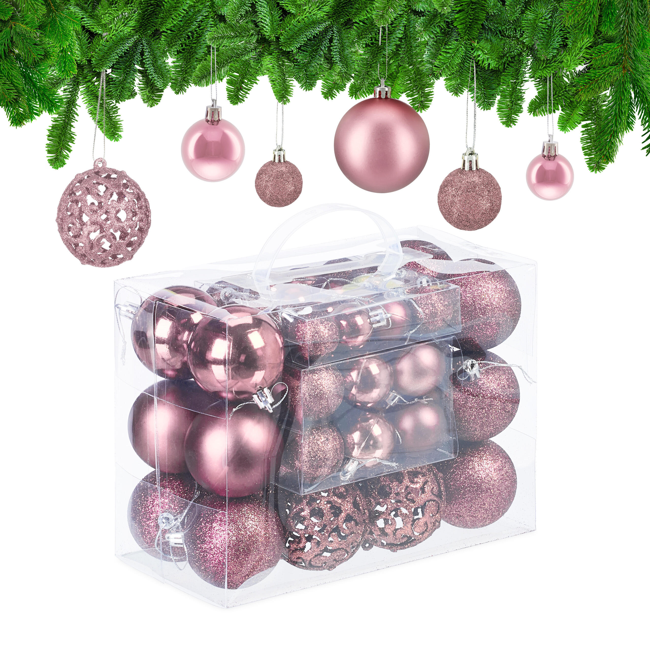 WEIHNACHTSKUGELN-SET 50-tlg. - Rosa, Kunststoff (6/7/6cm) - Relaxdays