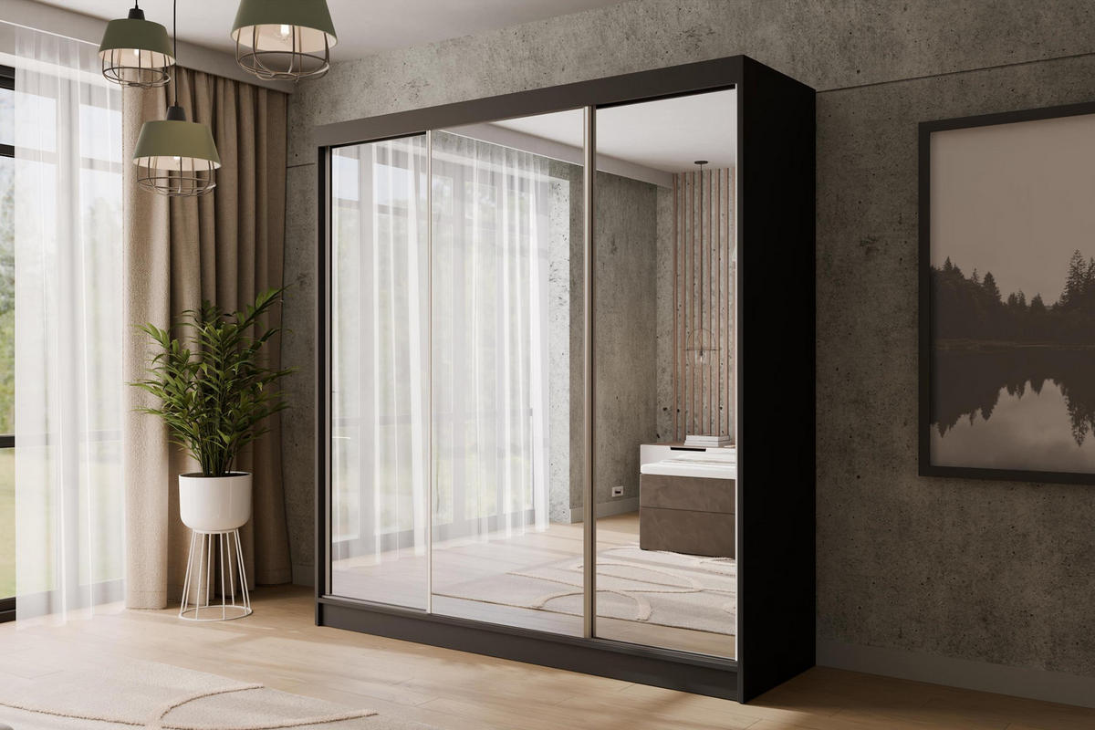 KLEIDERSCHRANK mit Spiegel V2-URBANO 215x200 cm Schwarz - Schwarz, Holzwerkstoff (200/215/61cm) - ALTDECOR