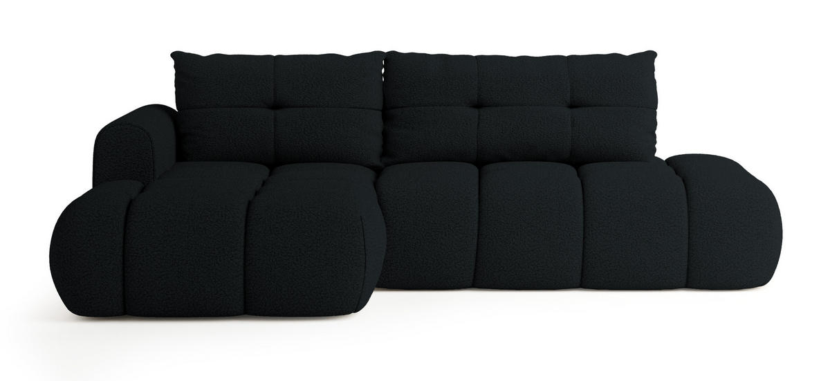 ECKSOFA FLUMA L-S Schwarz Boucle-Stoff mit Schlaffunktion - Schwarz, Holz (274/165cm) - MASSENO