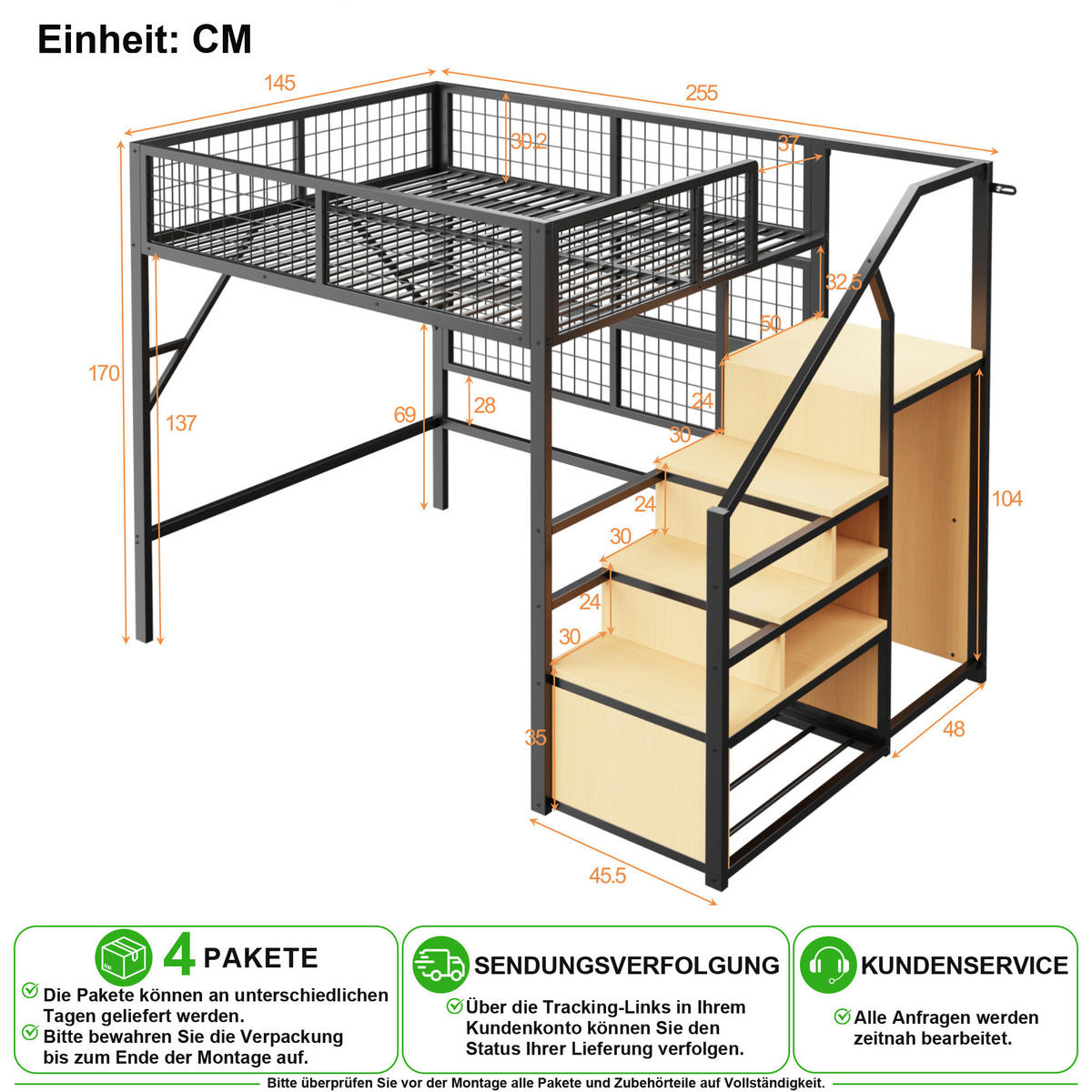 HOCHBETT 140/200 cm in Schwarz mit LED, Regal und Kleiderschrank - Schwarz, Holzwerkstoff/Metall (140/200cm) - CHICFURN