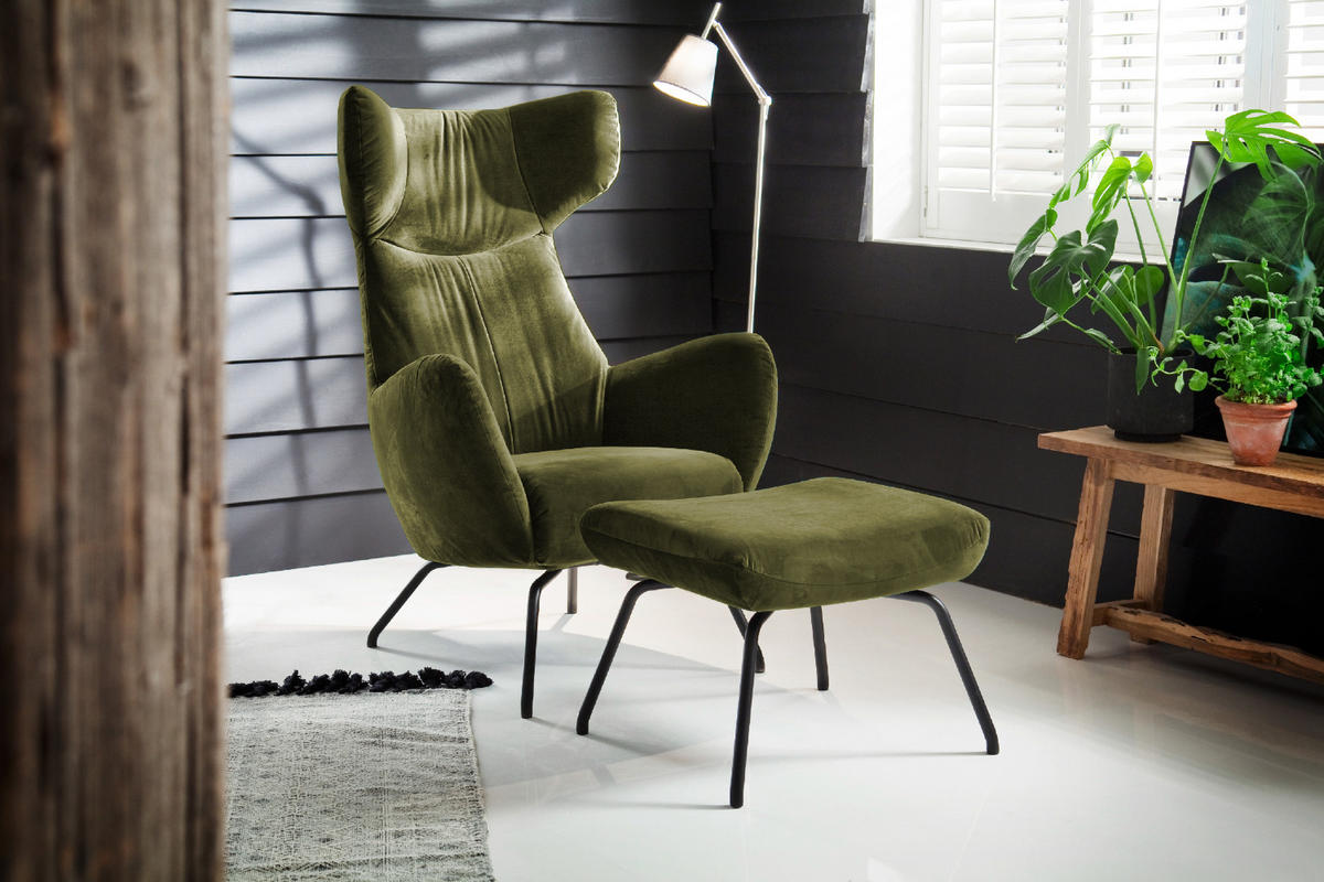 SESSEL MIT HOCKER LOTTE Dunkelgrün Velvet - Dunkelgrün/Schwarz, Textil (79/117/82cm) - KAWOLA