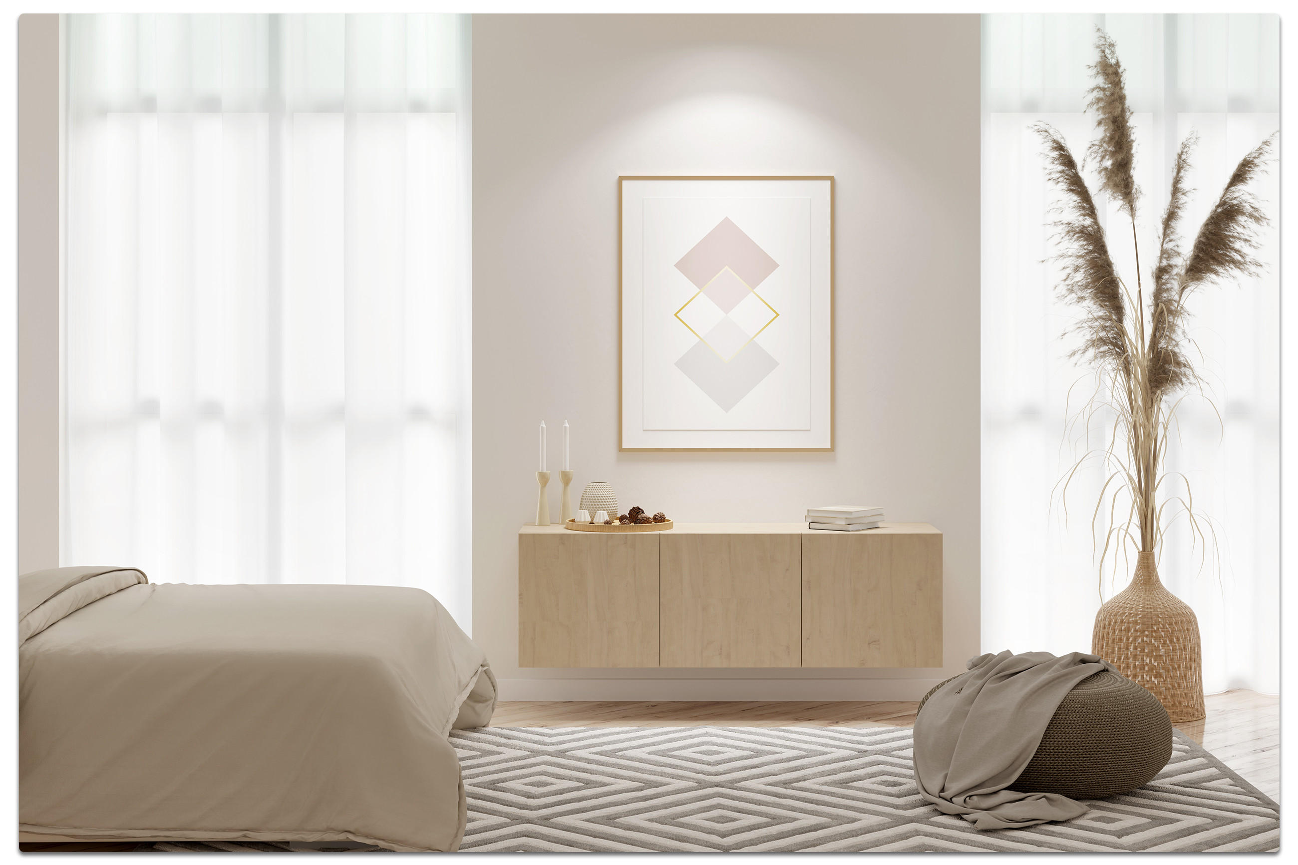 Minimalistisches Schlafzimmer mit beiger Bettwäsche, hellem Holzschrank, Deko aus Naturmaterialien wie getrocknetem Pampasgras im Korb, pastellfarbenem Wandbild und sanftem Tageslicht – ruhiges Ambiente mit natürlichen Akzenten