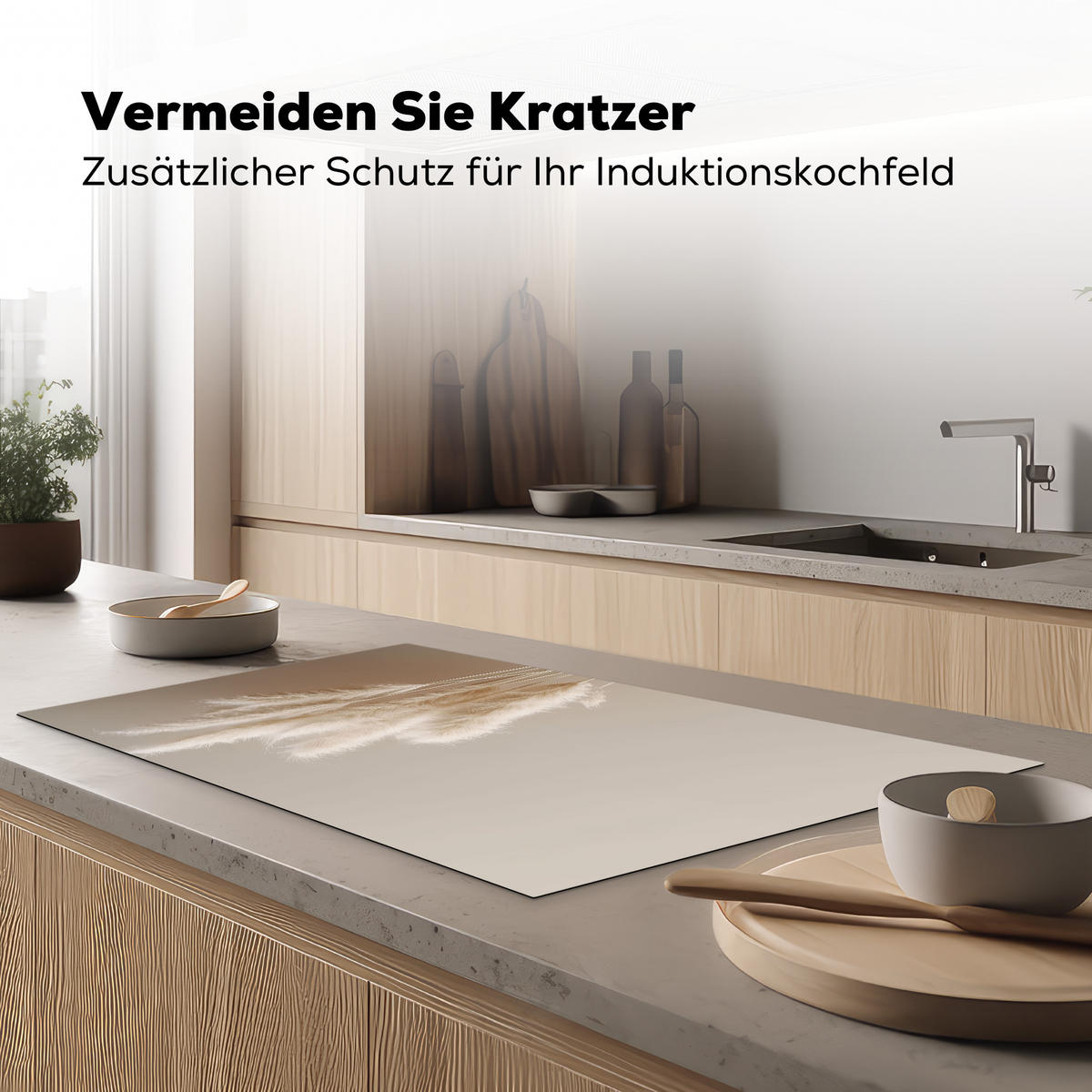 HERDABDECKPLATTE Pampasgras - Federn - Pastell - Weiß 91x52 cm - Creme, Kunststoff (91.2/0.2/52cm) - MuchoWow