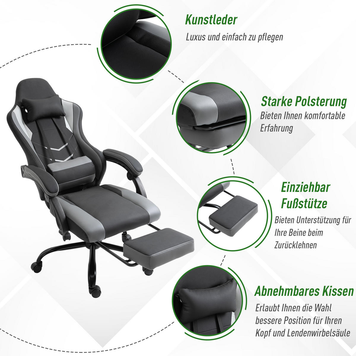 ERGONOMISCHER, Gaming Stuhl, Schwarz - Schwarz, Leder (52/128/62cm) - Vinsetto