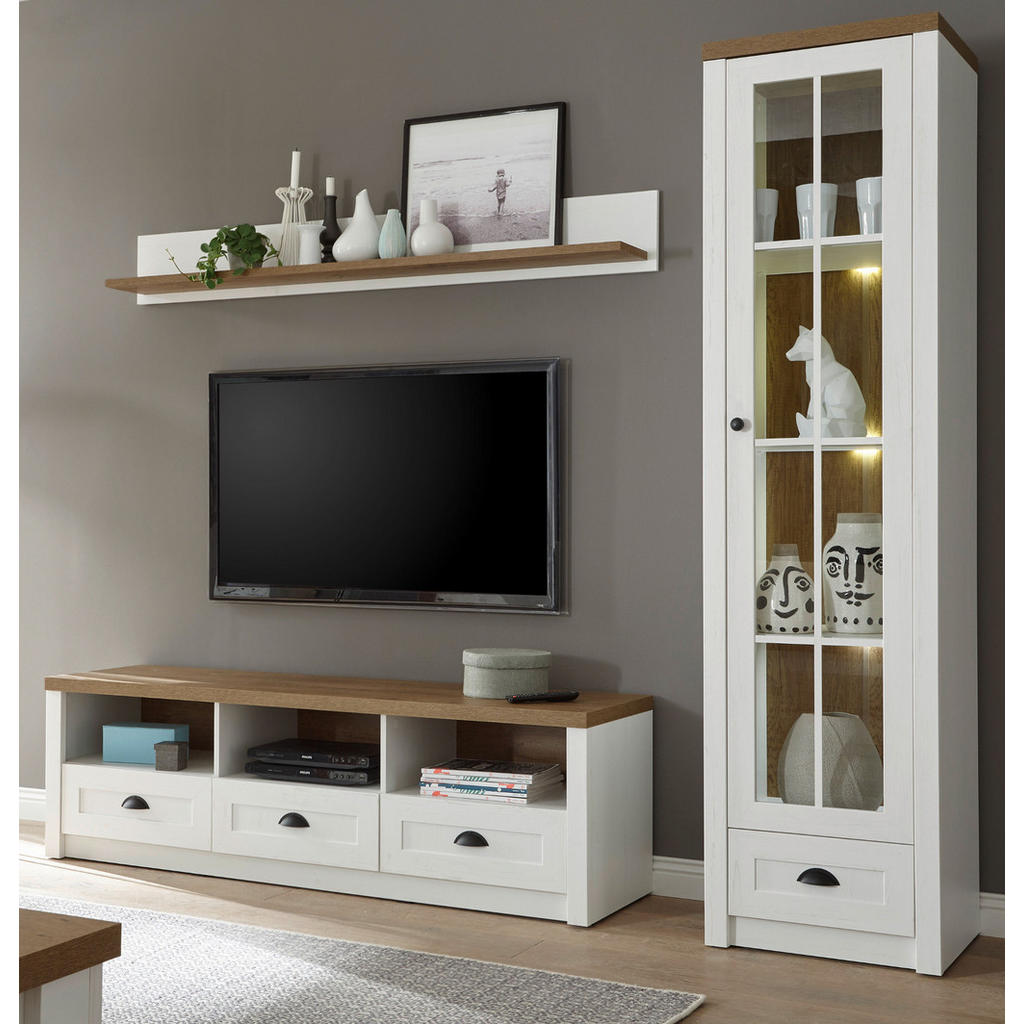 Thumbnail - Furn.Design Wohnwand, Weiß, Eiche, Metall, Nachbildung,Pinie, 3 Fächer, 4 Schubladen, 230x198x43 cm, FSC 100%, Wohnzimme...