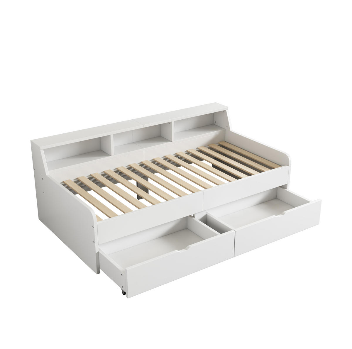 TAGESBETT 90/200 cm mit 2 Schubladen und 3 Ablagefächern aus Kiefern und MDF, Weiß - Weiß, Holzwerkstoff (90/200cm) - Redom