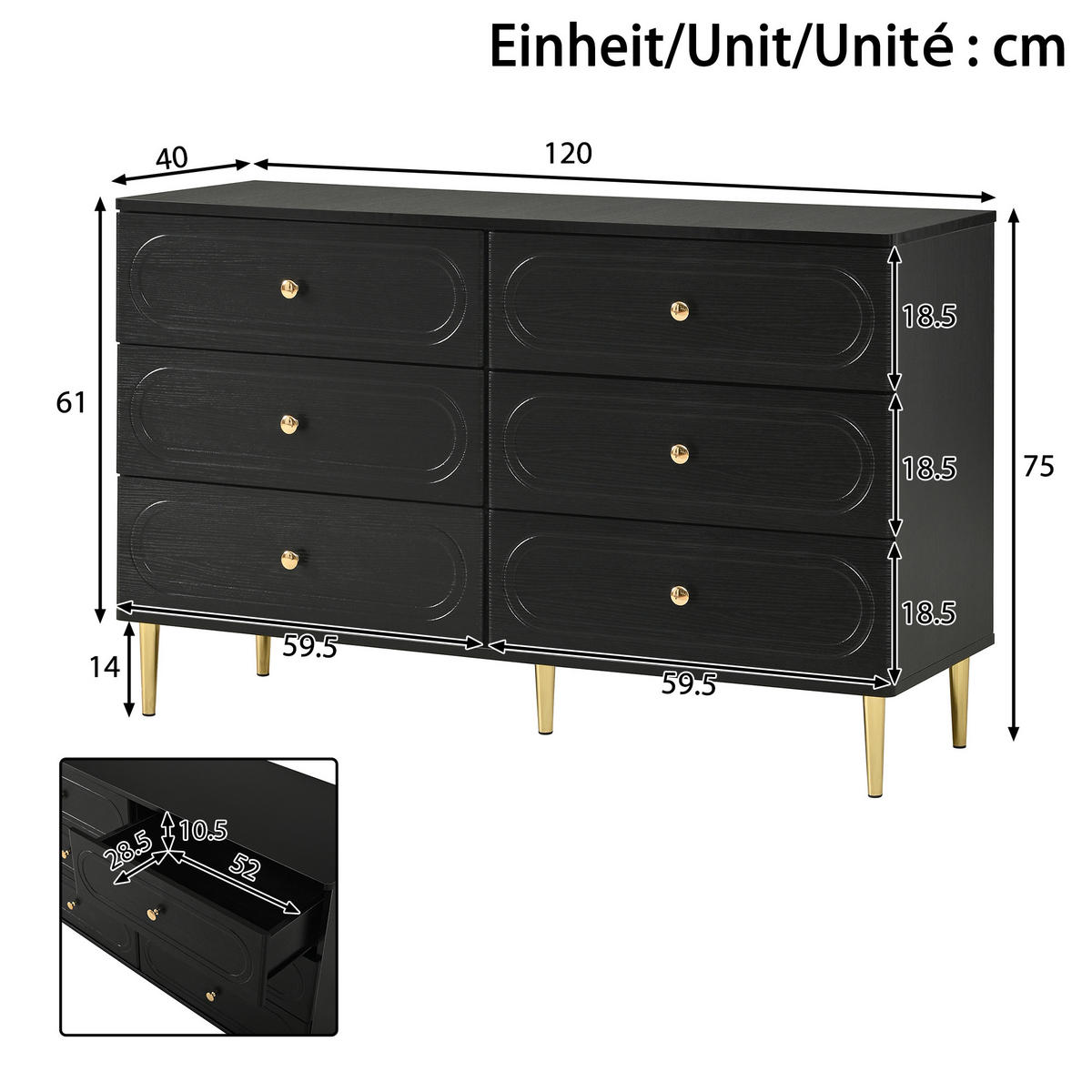 SIDEBOARD in Schwarz Aufbewahrungsschrank mit 6 Schubladen, 120 B/40 T/75 H(cm), fürs Wohn & Schlaf - Schwarz/Naturfarben, Holzwerkstoff (120/75/40cm) - STILVORA