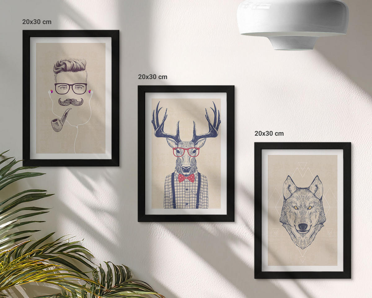 WANDBILDER 3er-Set - 20x30 cm Schwarzer Rahmen - Stilvolle Tierporträts - Schwarz, Kunststoff (20/30cm) - ArtPrintCave