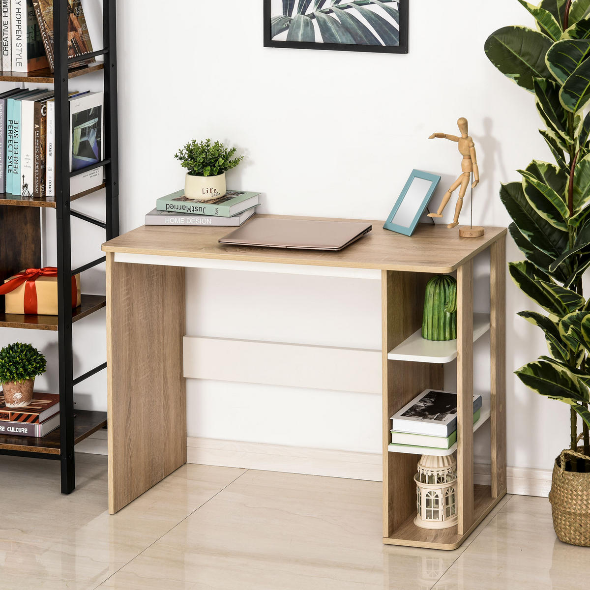 SCHREIBTISCH Eichefarben und Weiß mit 3 Regalfächern 100/44/74 cm - Beige, Holz (44/100/74cm) - PANGIVO