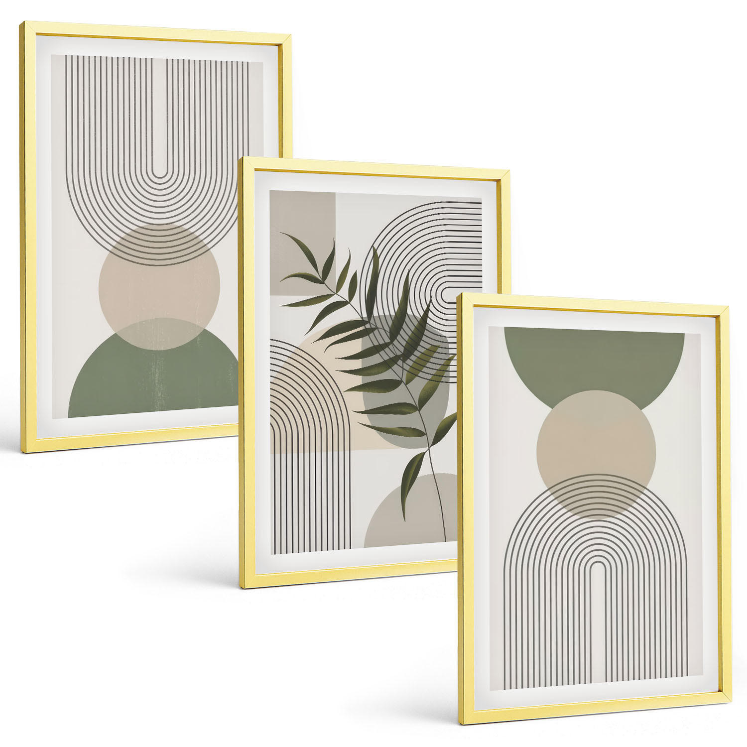 BILDER SET 3er Set - 40x60 cm Goldrahmen - Abstrakte Formen mit Grün - Goldfarben, Kunststoff (40/60cm) - TULUP