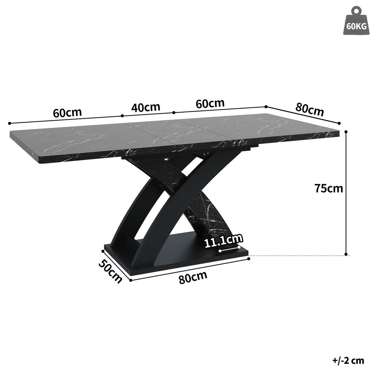 AUSZIEHTISCH 120/80/75 cm in Schwarz mit Metallgestell – ausziehbar auf 160 cm - Schwarz, Holzwerkstoff (120/80/75cm) - BEAOK
