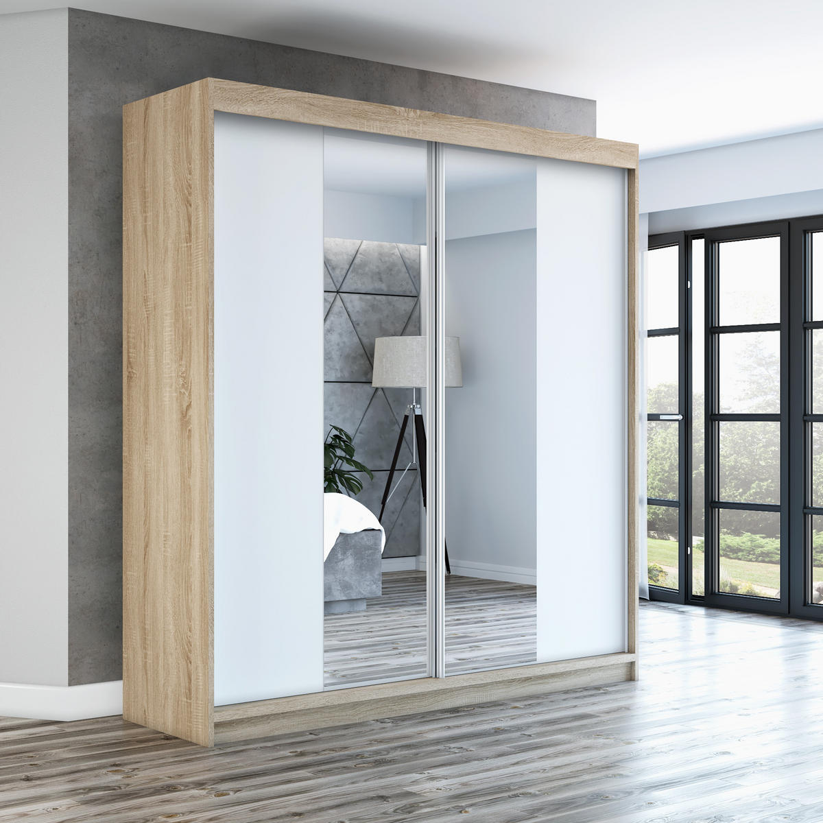 SCHWEBETÜRENSCHRANK 120 CM NEO Farbe: Sonoma / weiß / weiß - Braun/Weiß, Holzwerkstoff (120/215/59.5cm) - A&J MöbelLand