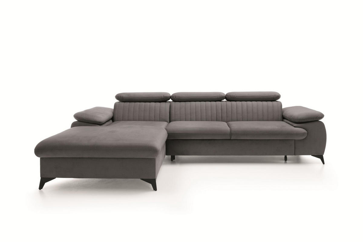 ECKSOFA FIORE Grau Velours-Stoff mit Schlaffunktion - Grau, Holz (275/221cm) - MASSENO