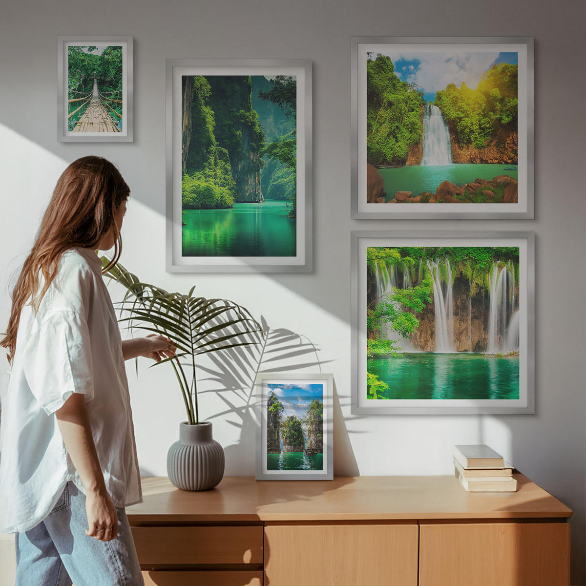 BILDER SET 5er Set - 50x50 cm & 20x30 cm & 40x60 cm Silberner Rahmen - See, Berge, Boote, Ferienhaus - Silberfarben, Kunststoff (40/60cm) - TULUP