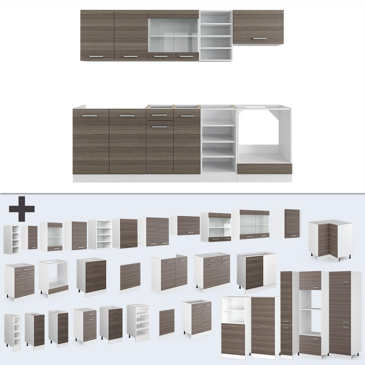 KÜCHENZEILE R-Line Edelgrau/Weiß 240 cm ohne AP - Braun/Weiß, Holzwerkstoff (240/81.6/46cm) - Vicco