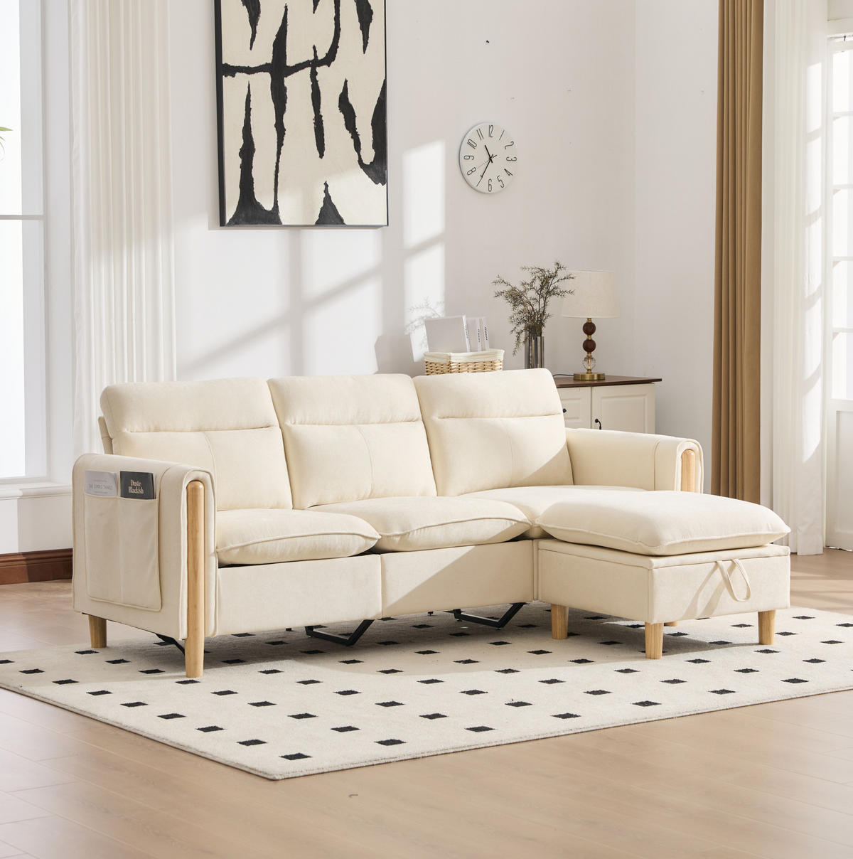 SOFA 201/77/86 cm in Beige aus Chenille mit Stauraumhocker - Beige, Textil (77/86/201cm) - Flora Grace