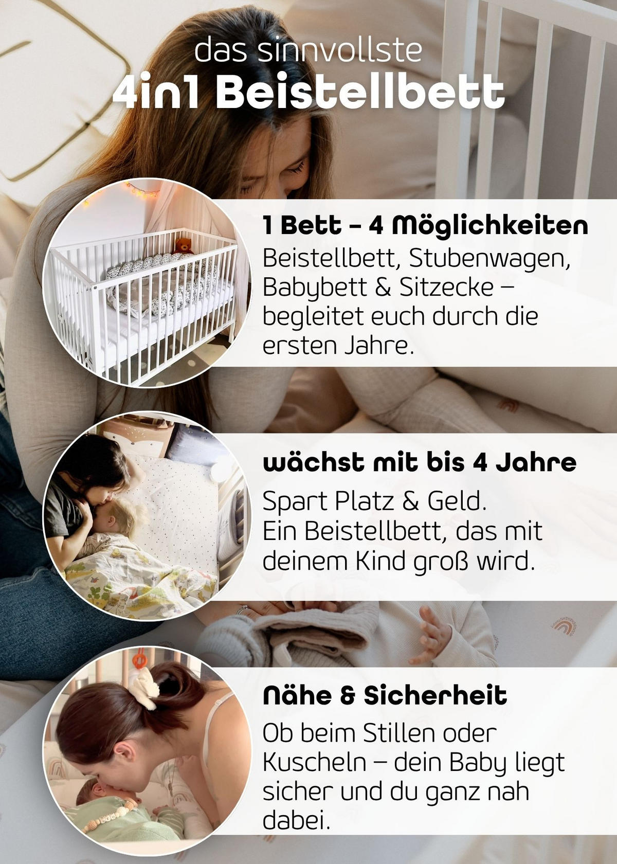 BEISTELLBETT mit Umbauseite - weiß - Dreamy 4 in 1 Bett - Weiß, Holz (120/90/60cm) - Sämann – make a difference.