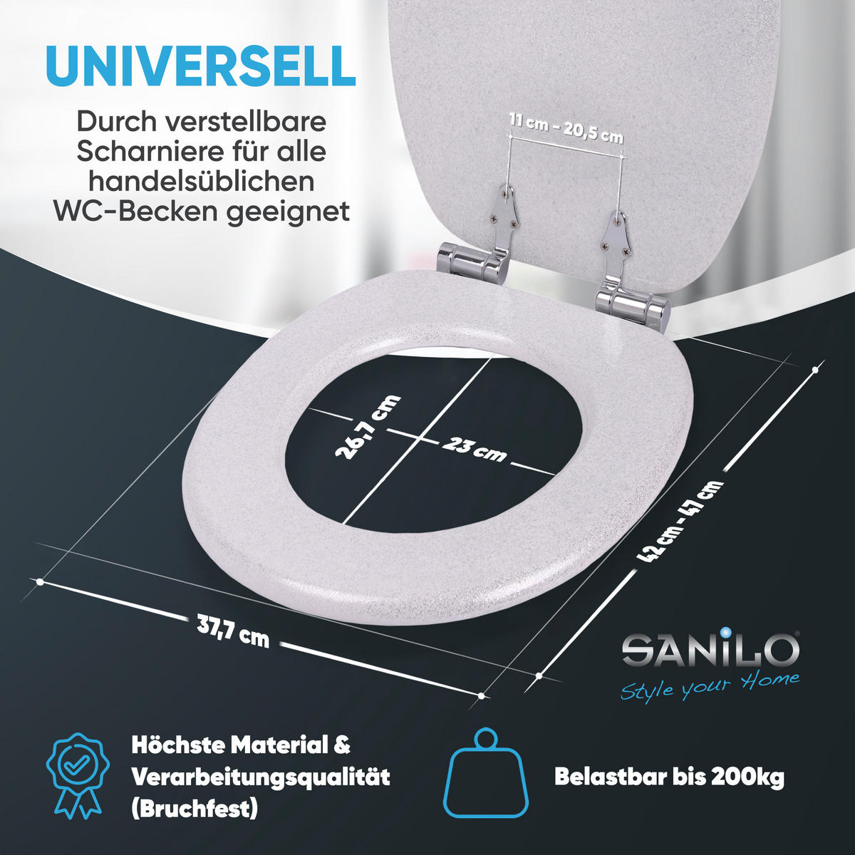 WC-SITZ mit Absenkautomatik Glitzer Weiß - Weiß, Holzwerkstoff (38/6/47cm) - Sanilo