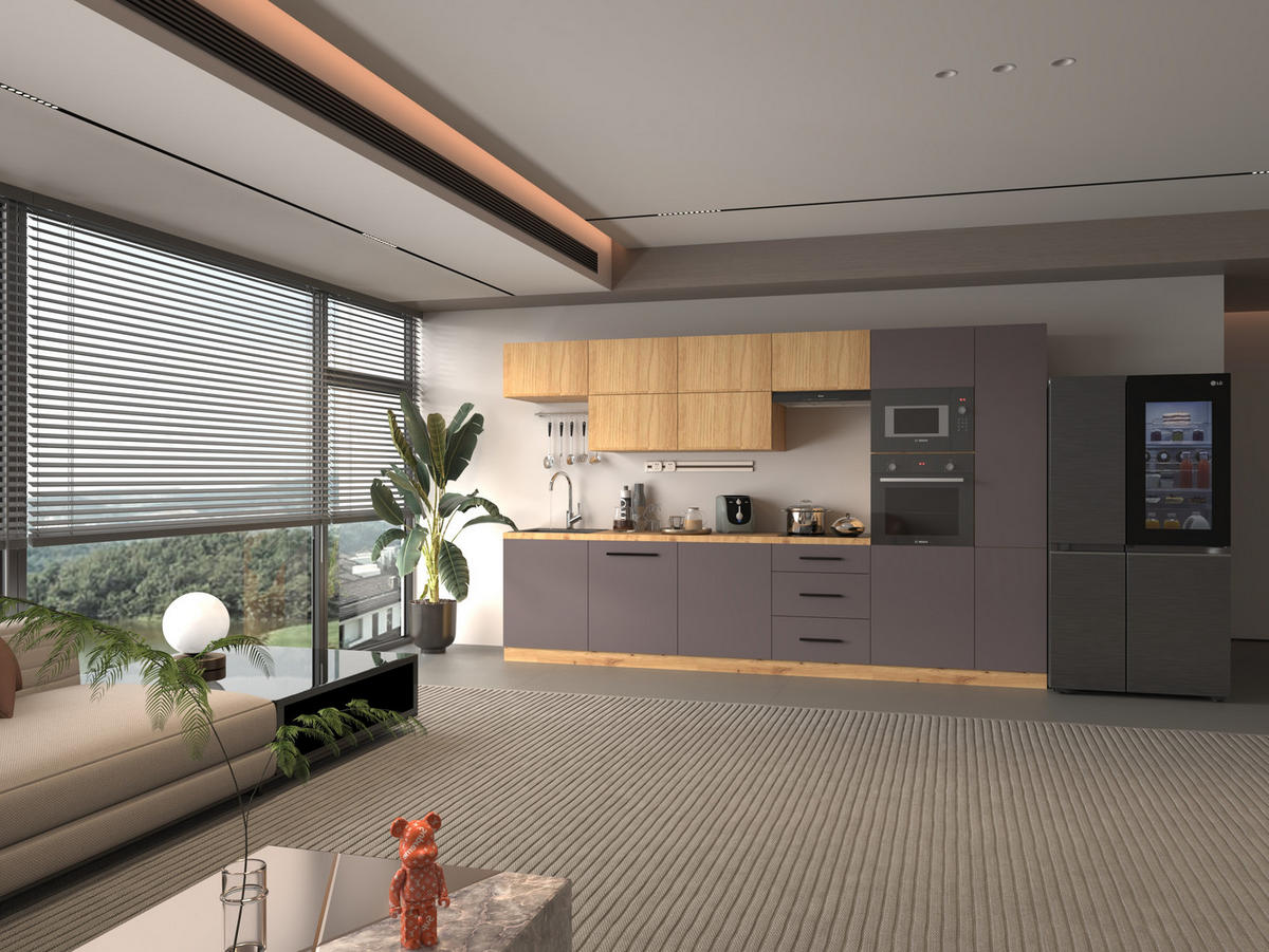 KÜCHENZEILE 240 - Langen KL3-M340 in Grau/Artisan Eiche - Schwarz/Eiche Artisan, Holz (340/212/58cm)