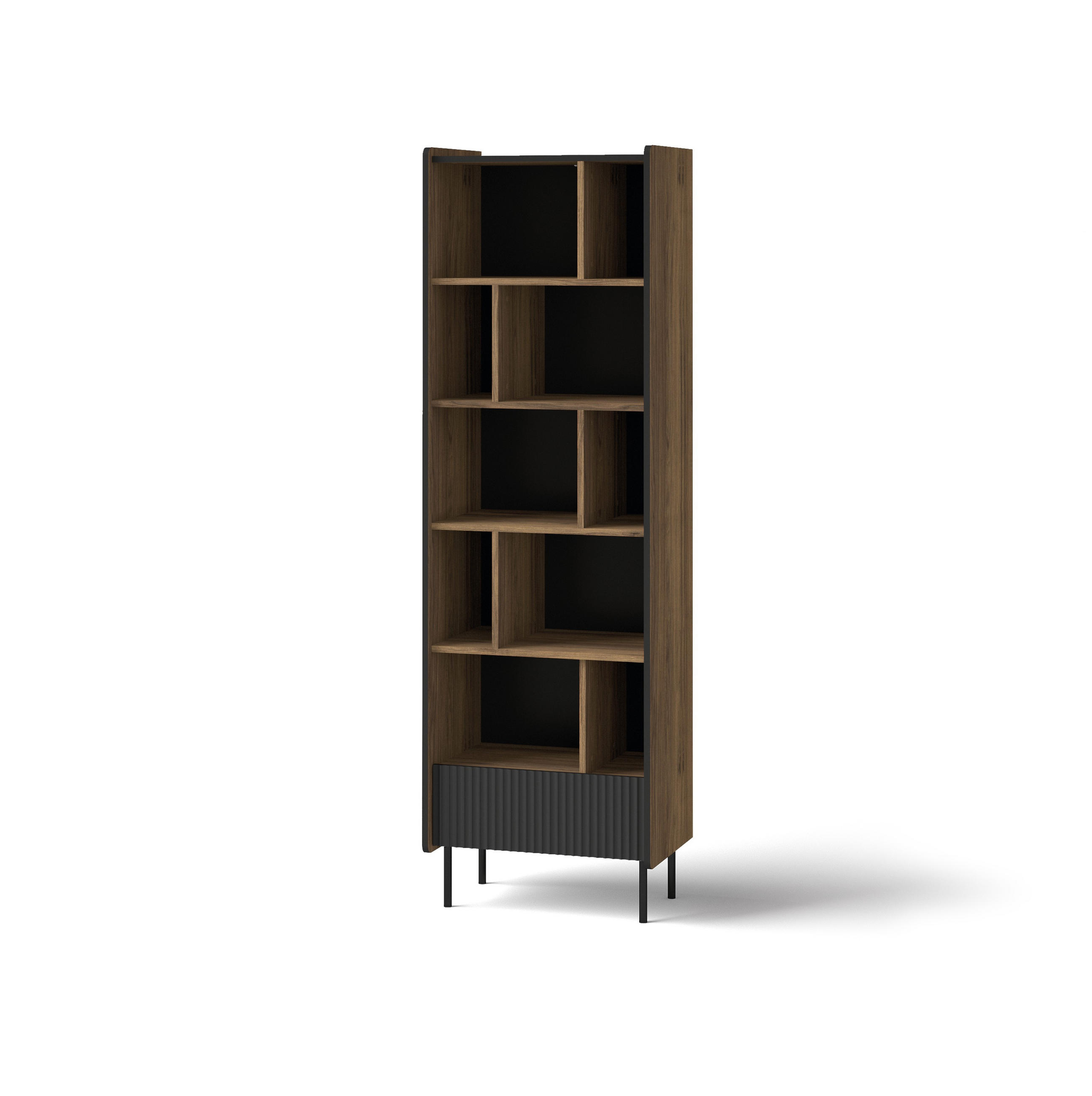 REGAL Prestigo Schwarz, Warmia Walnuss, mit Schublade - Walnussfarben/Schwarz, Holzwerkstoff (59/190/40cm) - Bettso