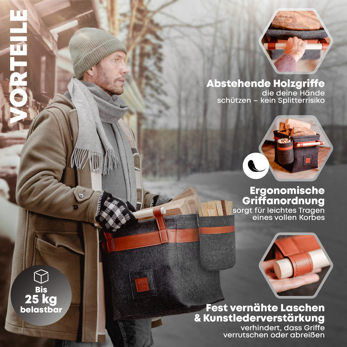 KAMINHOLZKORB Classic Duo 2er-Set Filz mit Metallrahmen für Zusatzstabilität 42/32/35 cm - Dunkelgrau, Textil (32/35/42cm) - OAKAGE