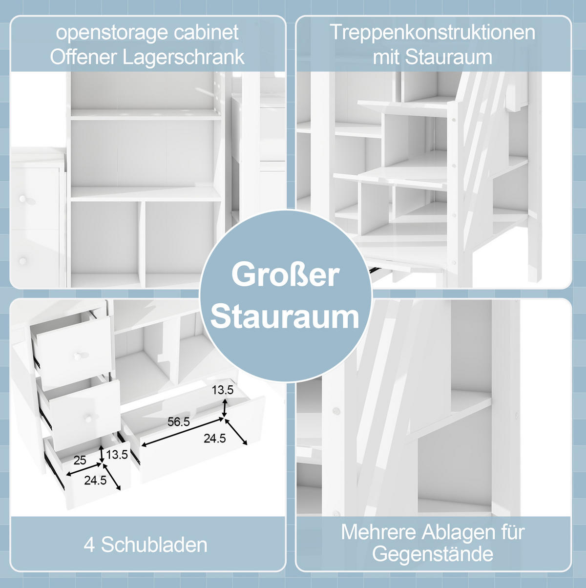 HOCHBETT aus Kiefer 90x200 cm Weiß mit Schreibtisch, Schubladen, Stauraumleiter und offenem Stauschrank - Weiß, Holzwerkstoff (140/200cm) - Modfu