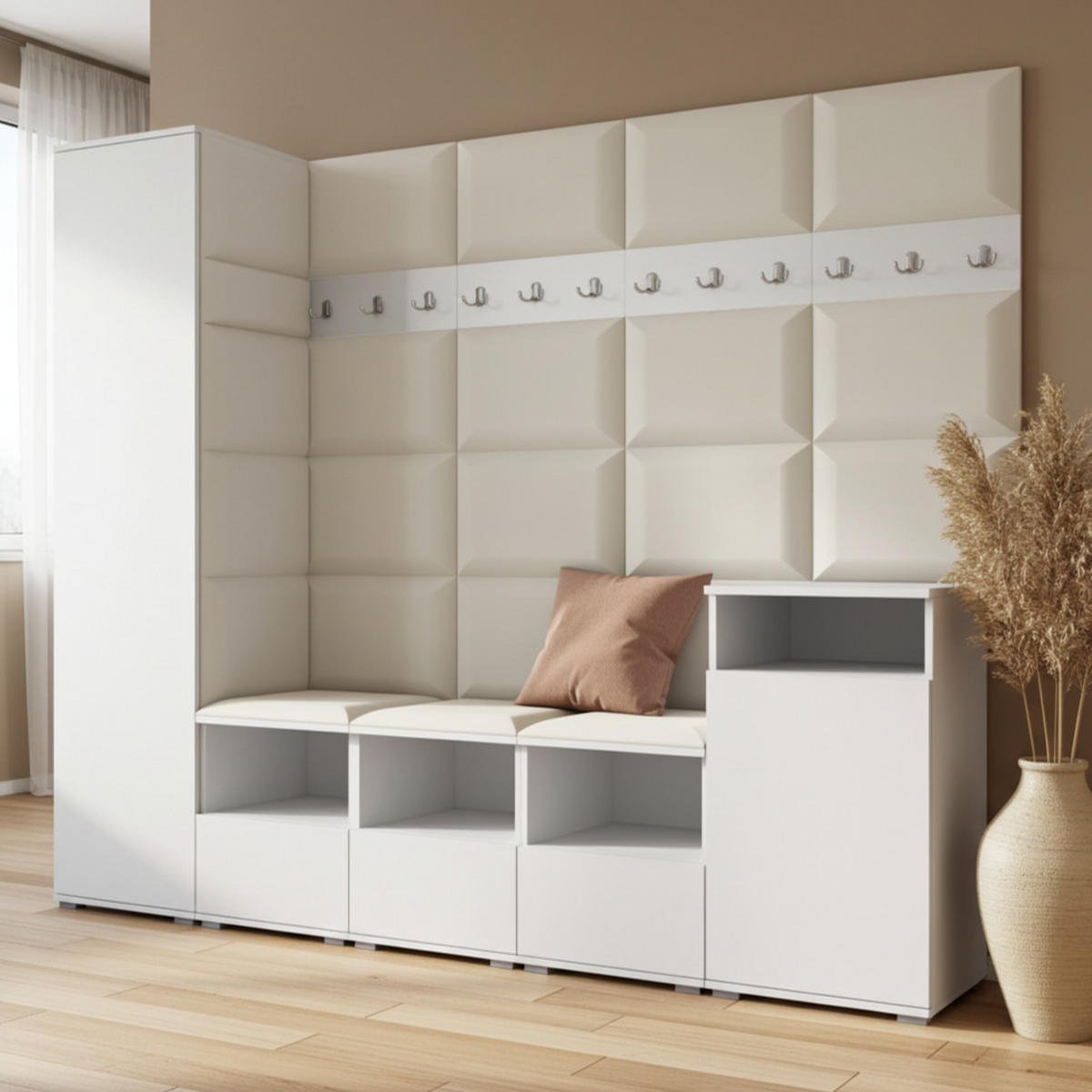 GARDEROBE NELA XI 250 cm (Modulare Flurmöbel Weiß mit Sitzpolster Creme 01 Großes Set) - Silberfarben/Creme, Holz/Holzwerkstoff (250/187/40cm) - Ravio
