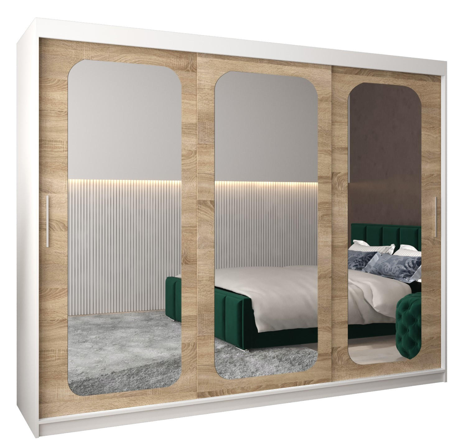 SCHWEBETÜRENSCHRANK 200/250/62 3-türig - Silberfarben/Weiß, Holz/Kunststoff (250/200/62cm) - Abiks Möbel