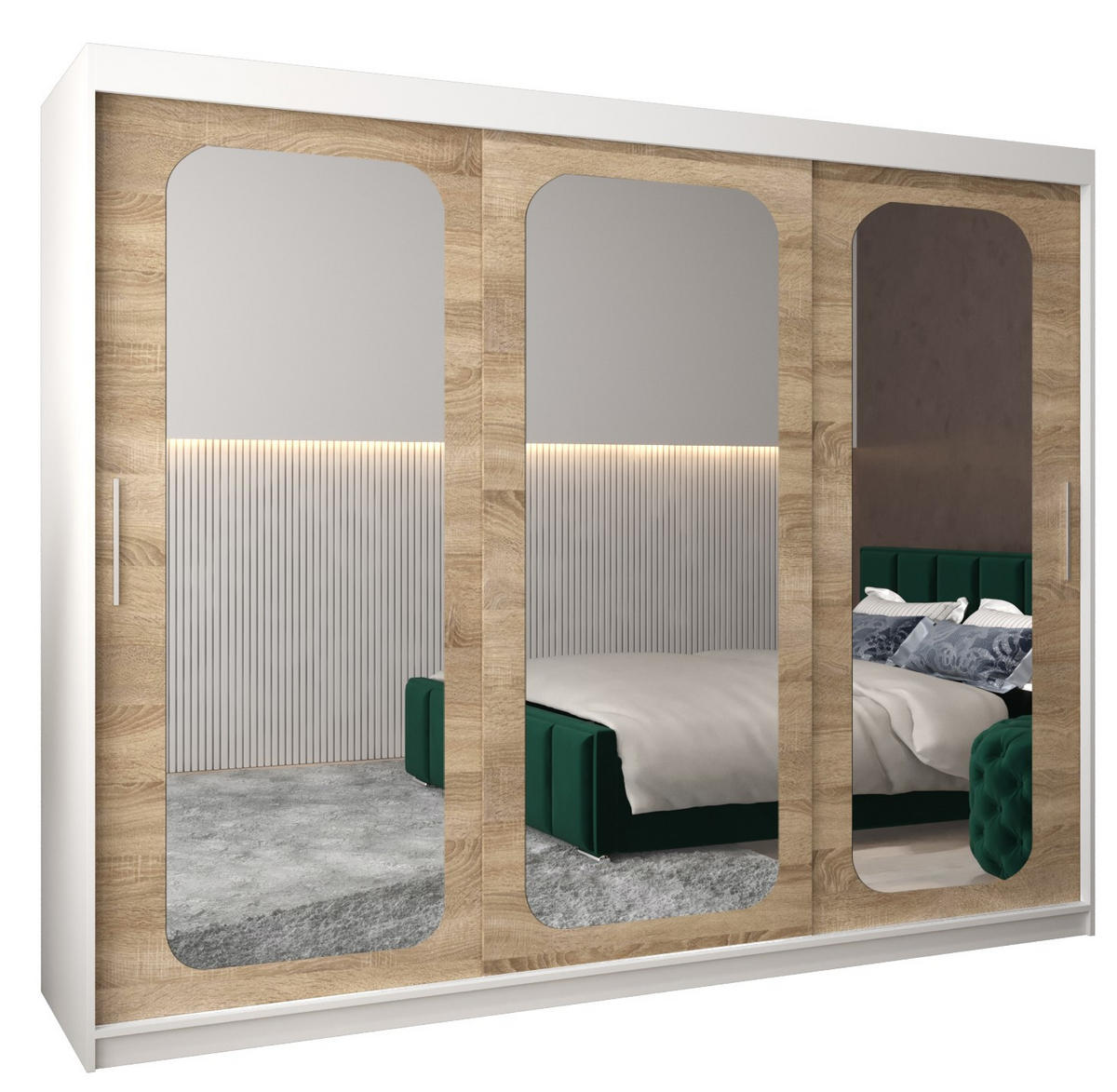 SCHWEBETÜRENSCHRANK 200/250/62 3-türig - Silberfarben/Weiß, Holz/Kunststoff (250/200/62cm) - Abiks Möbel