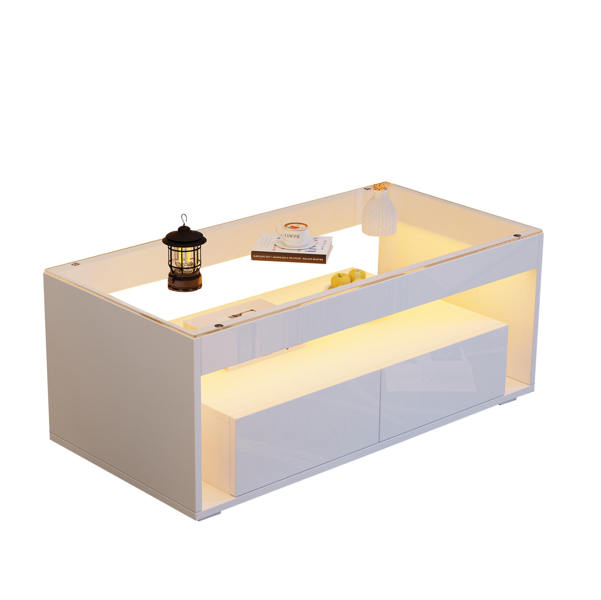 COUCHTISCH 100/50/40 cm Weiß aus Spanplatte und gehärtetem Glas mit LED-Beleuchtung - Weiß, Holzwerkstoff (100/50/40cm) - OKMYHOME
