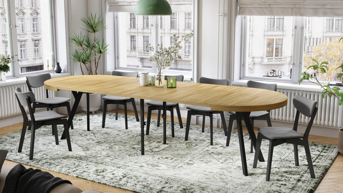 ESSTISCH rund Amerikanische Eiche - Schwarz matt ausziehbar - Ecru/Schwarz, Holzwerkstoff (110/110/77.5cm) - designimpex