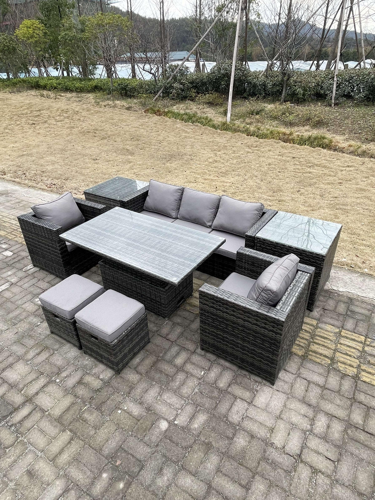 GARTENSOFA Hohe Rückenlehne Polyrattan 7-Sitzer - Dunkelgrau/Grau, Glas/Kunststoff - Fimous