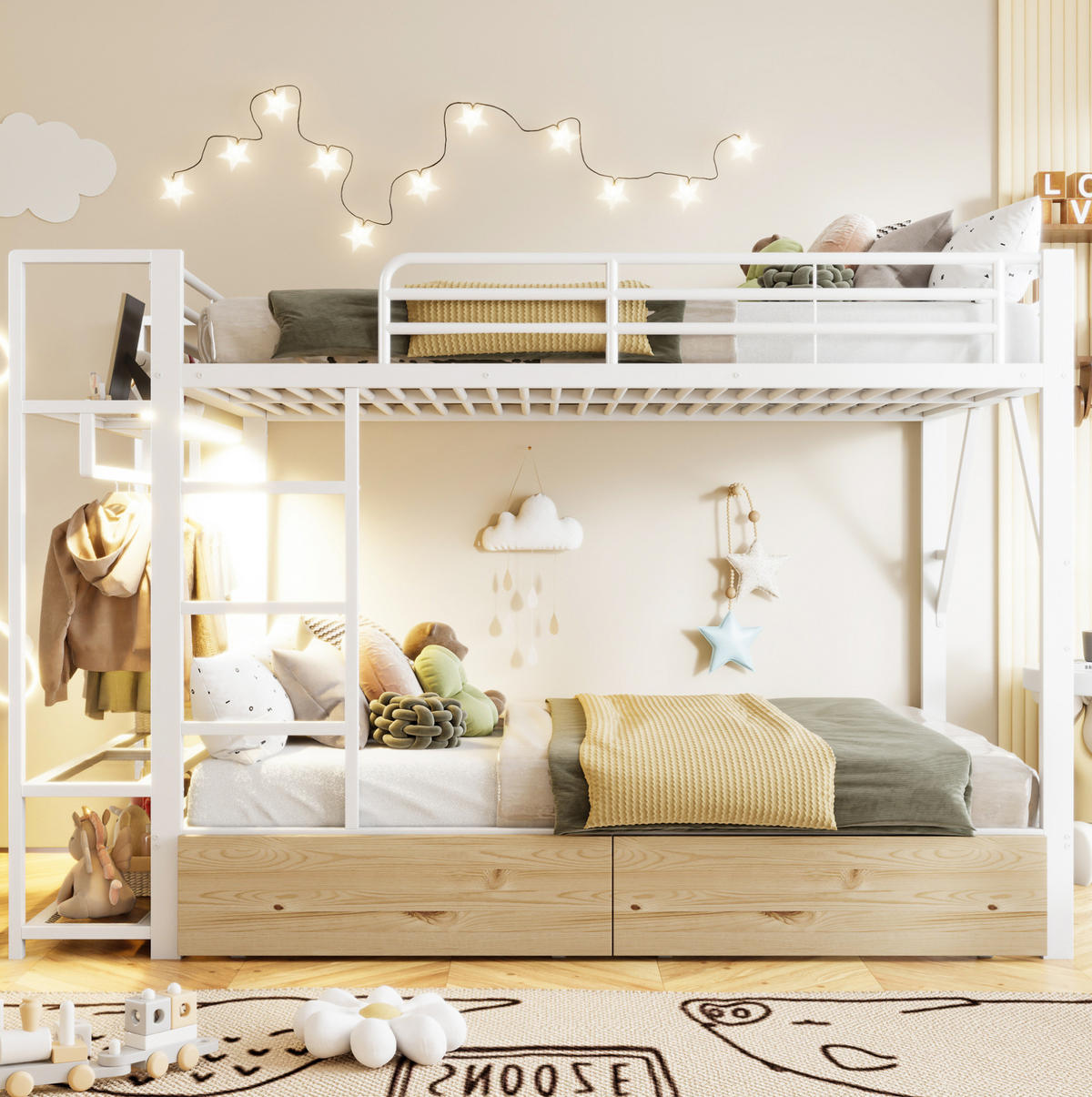 ETAGENBETT 140/200 cm aus Metall mit LED-Lichtleiste, Weiß - Weiß, Metall (140/200cm) - OKMYHOME