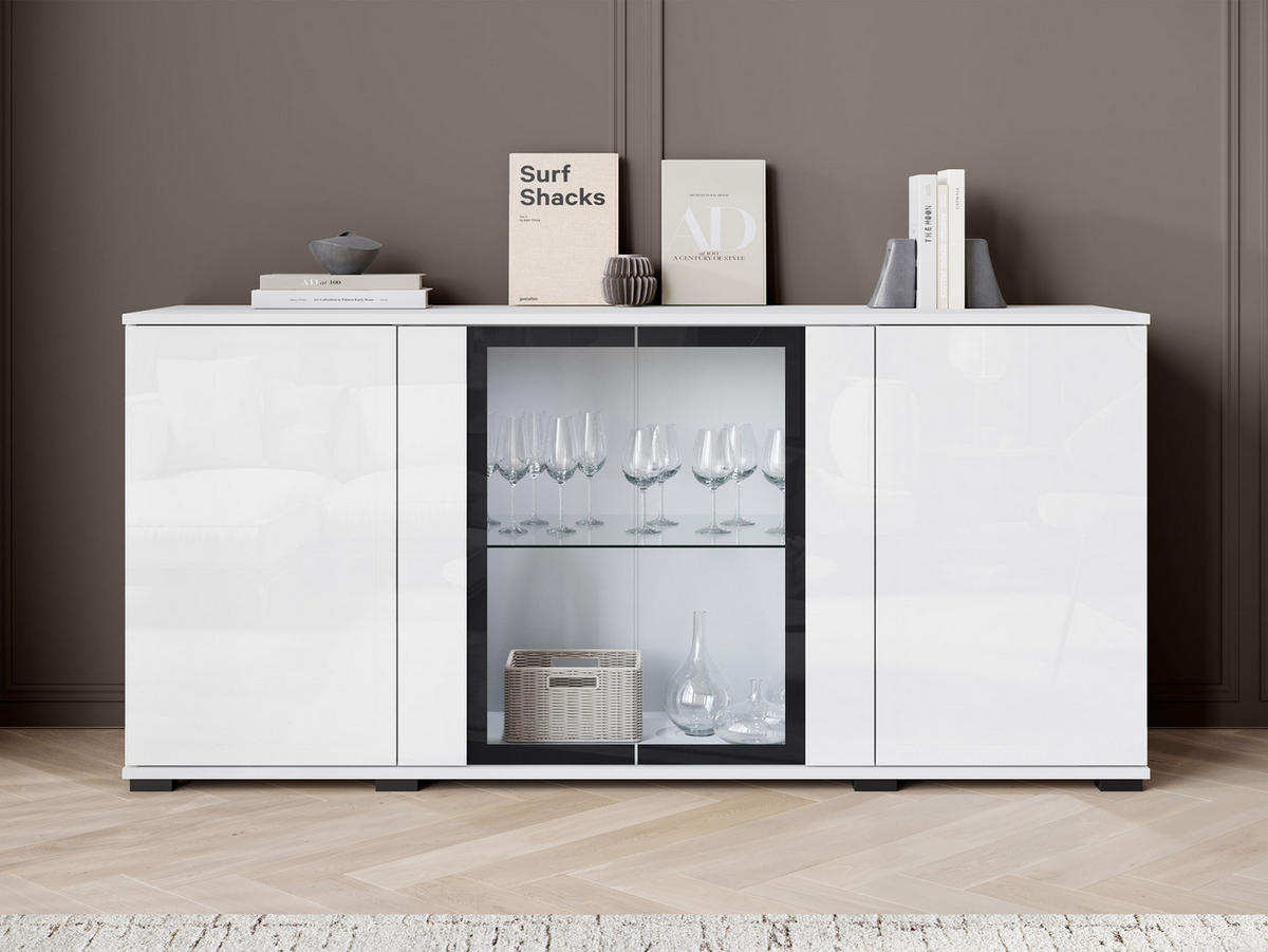 KOMMODE Caro SB 154 4D mit weißer LED Beleuchtung - Schwarz/Weiß, Holzwerkstoff/Kunststoff (150/70/40cm) - MIRJAN24