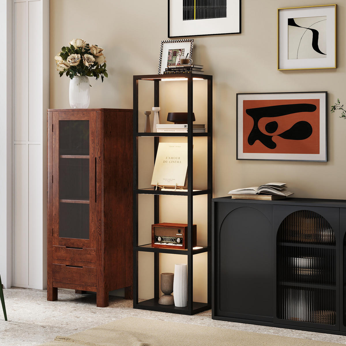 RGB Stehlampe mit Glasregalen, 4-Ebenen-LED-Stehleuchte mit Fernbedienung - Schwarz, Holzwerkstoff (45/29/157cm) - HOMCOM