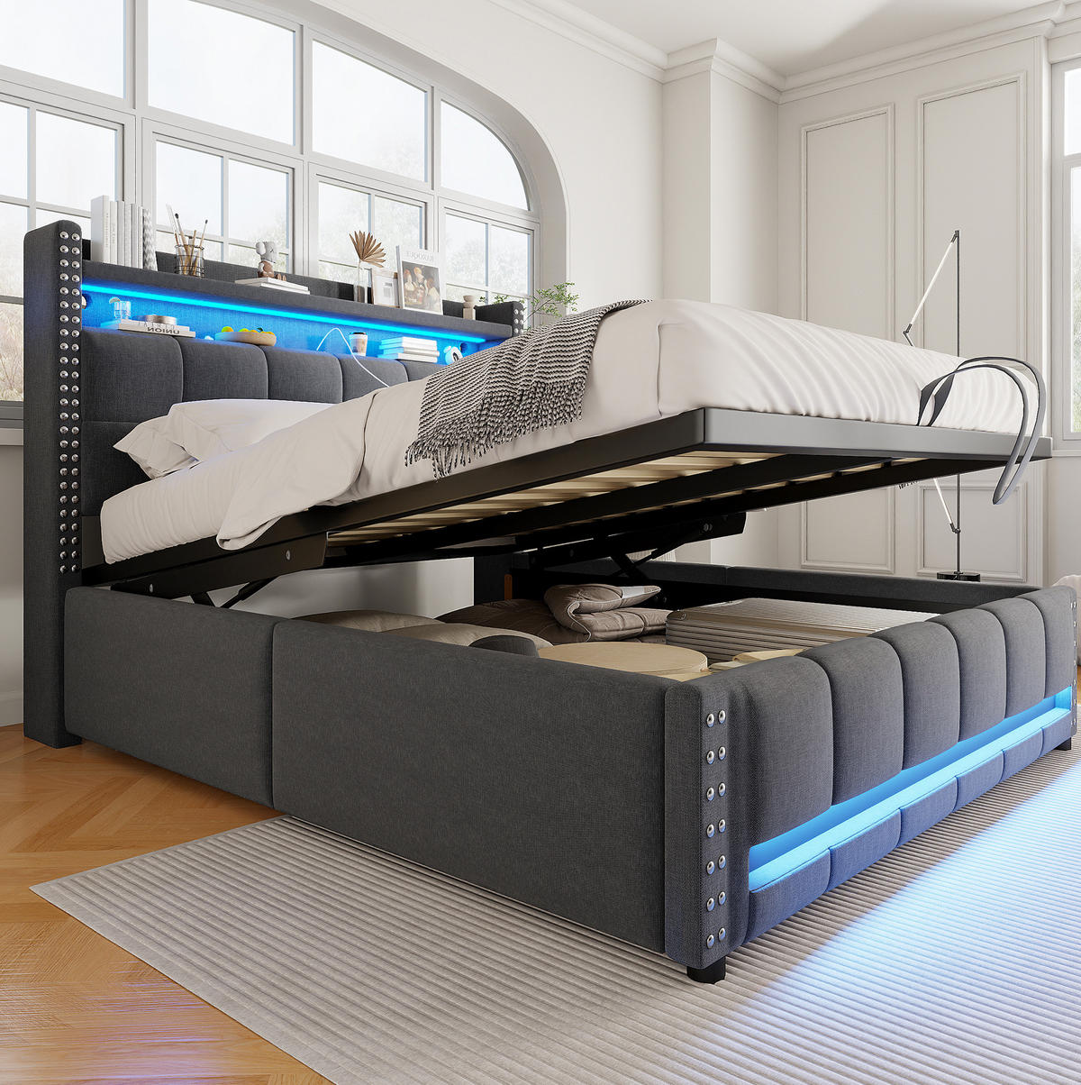 POLSTERBETT 140/200 cm Grau mit LED-Beleuchtung, USB-Anschluss und Stauraum - Grau, Textil (140/200cm) - Flora Grace