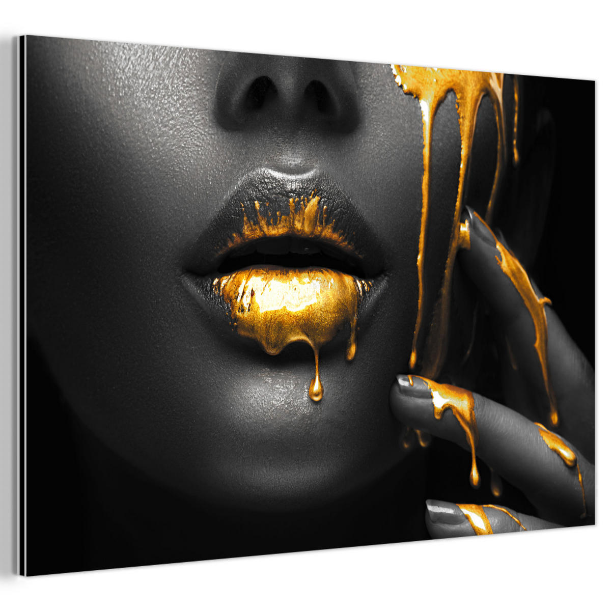 METALLBILD Frau - Schwarz - Gold - Gesicht - Lippen 120x80 cm - Goldfarben, Metall (120/80cm) - MuchoWow