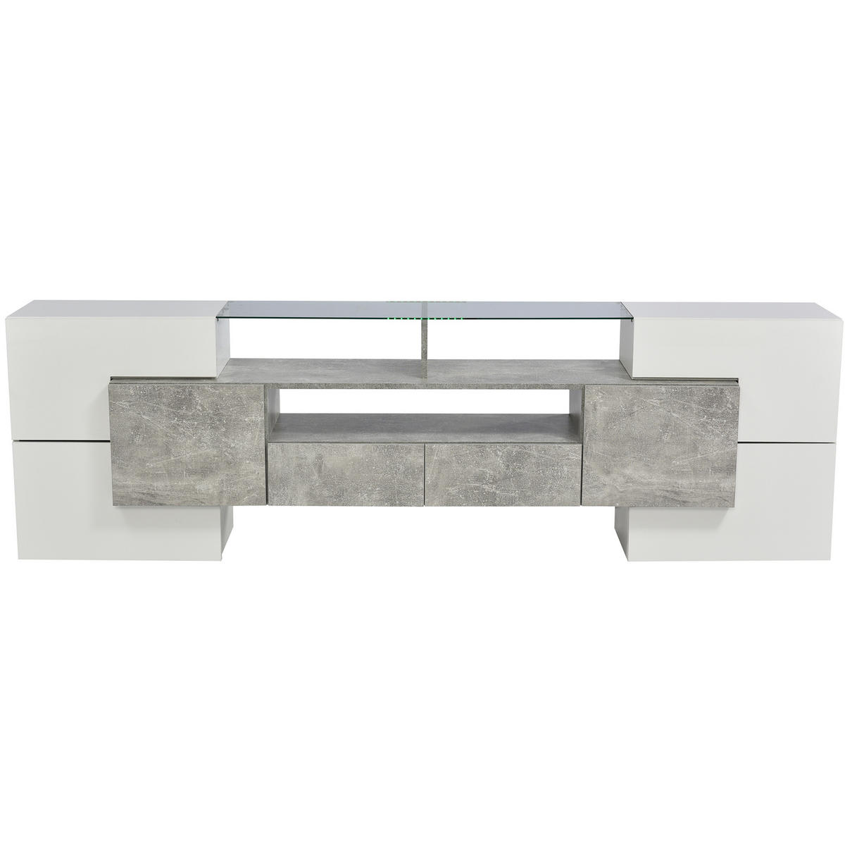 TV ormarić 200/35/60 cm bijeli visokog sjaja i sivi od MDF-a s LED rasvjetom i staklenom površinom - bijela, drvni materijal (200/60/35cm) - OKWISH