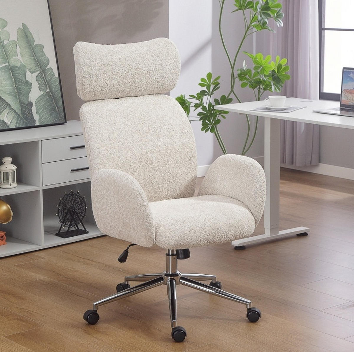 BÜROSTUHL höhenverstellbar mit Kopfstütze Polyester Light Gray - Hellgrau, Kunststoff (65/123/75cm) - Meubliv