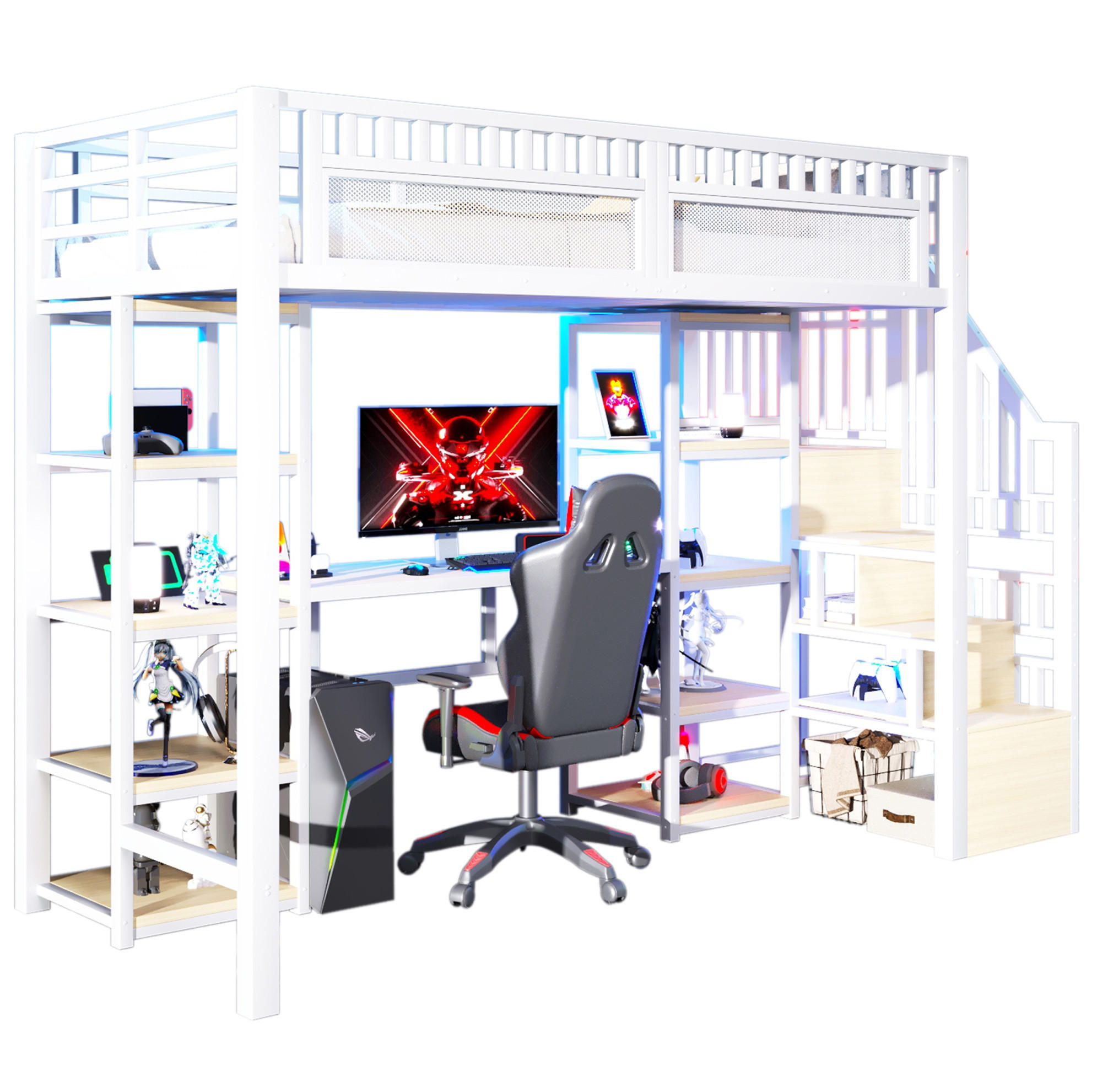 HOCHBETT aus Metall und MDF 90x200 cm Weiß mit Schreibtisch, LED-Beleuchtung, USB-Anschluss und Stauraumleiter - Weiß, Metall (90/200cm) - Modfu