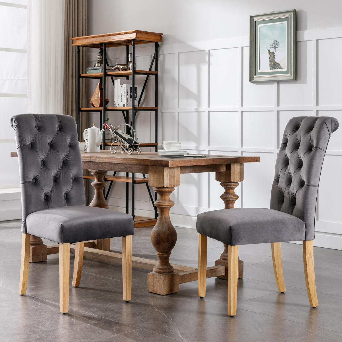 STUHL-SET DE-35663 2 Stück mit Knopfakzenten und Eichenbeinen Grau - Grau, Holz (43/100/63cm) - ComfortXL