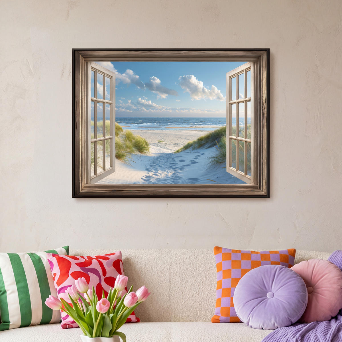 LEINWAND Bilder mit Rahmen - Aussicht - Strand - Fenster - Dünen - Meer - 70x50 - Hellblau, Textil (70/50cm) - MuchoWow