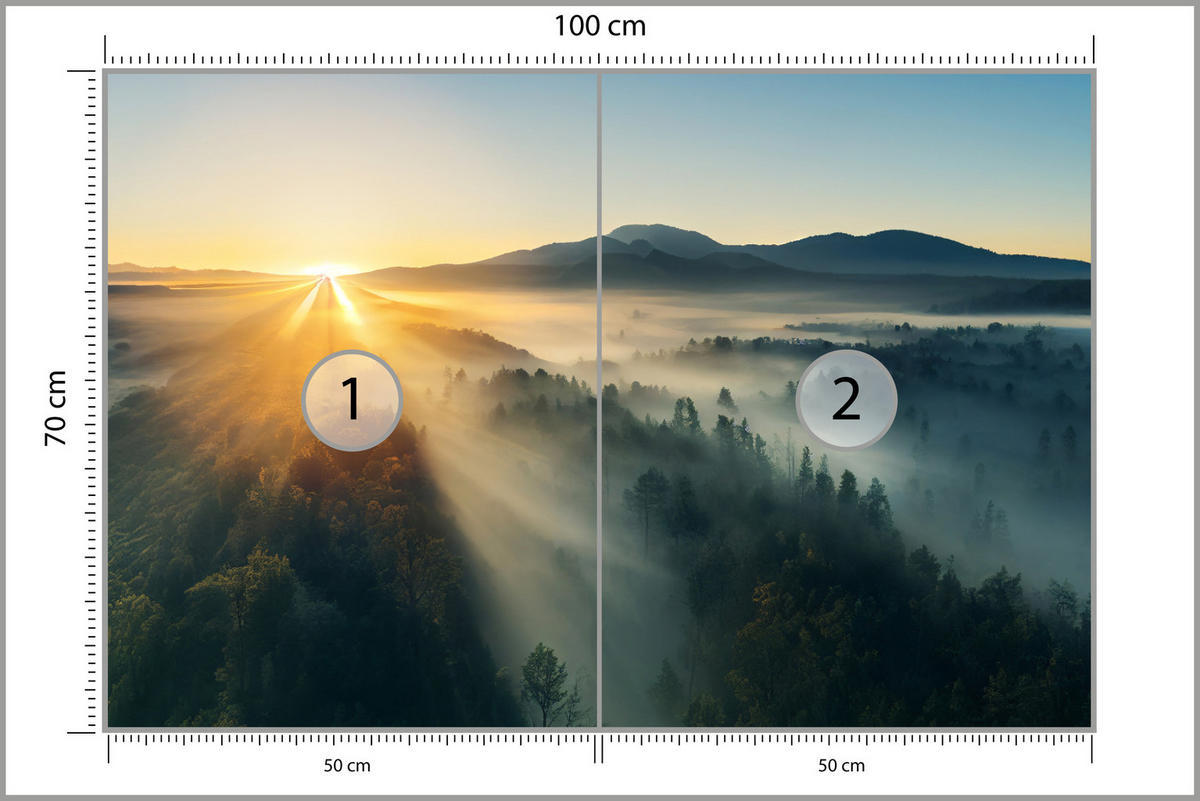 FOTOTAPETE für Wohnzimmer Sonnenaufgang über Bergigen Nadelwald Gold 100x70 - Gelb/Braun, Papier (100/70cm) - Muralo
