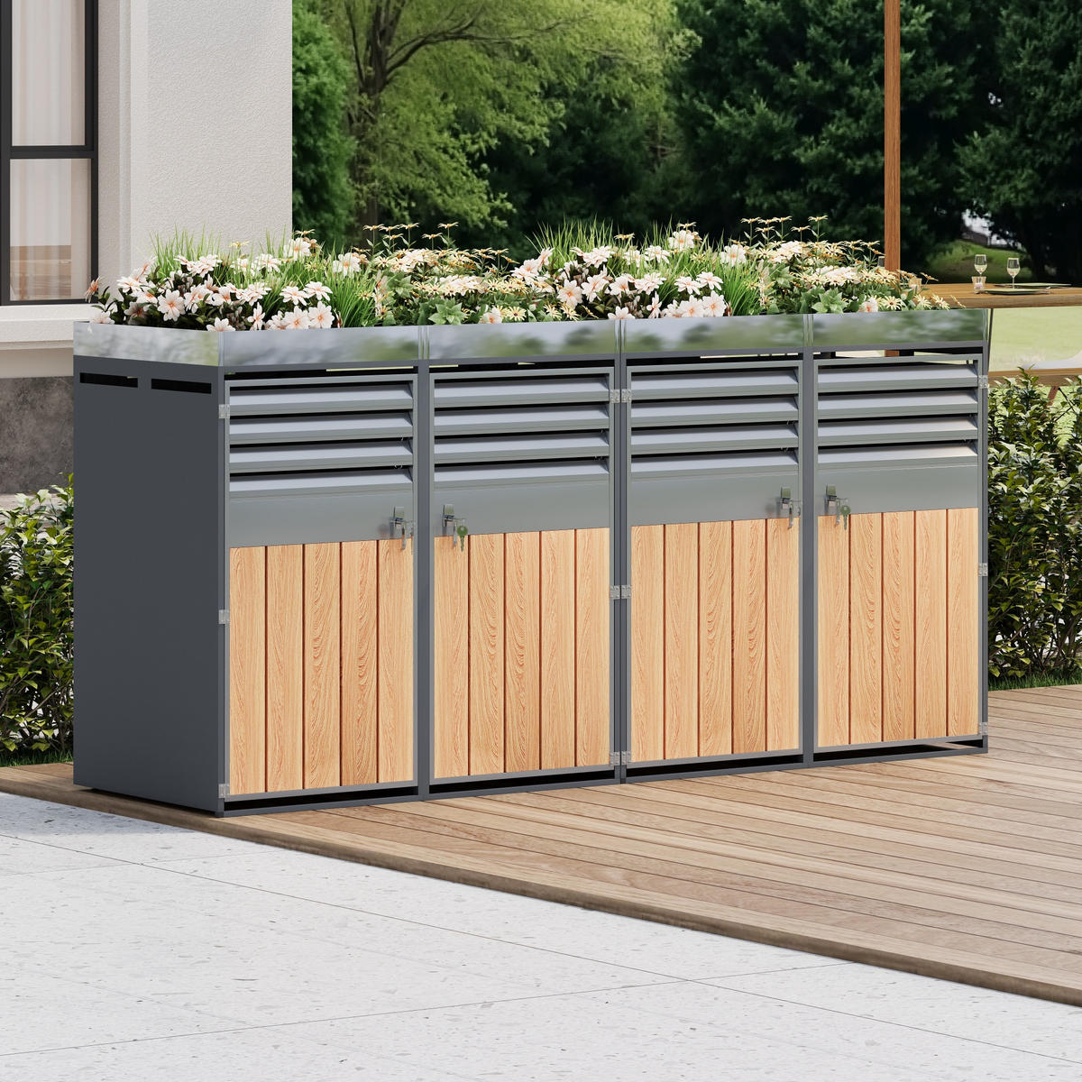 MÜLLTONNENBOX aus Stahl in Grau/Holzoptik mit Pflanzfläche & 4 abschließbaren Türen - Grau, Metall (264/124.5/80cm) - Modfu