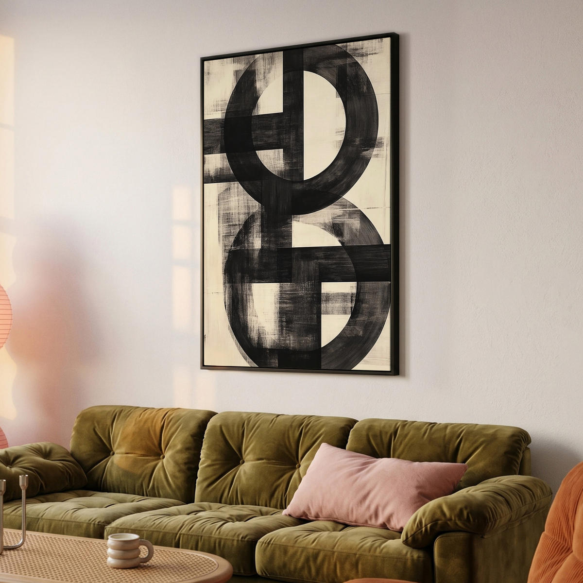 LEINWAND Bilder mit Rahmen - Kreise - Balken - Schwarz - Abstrakt - 90x140 - Schwarz, Textil (90/140cm) - MuchoWow