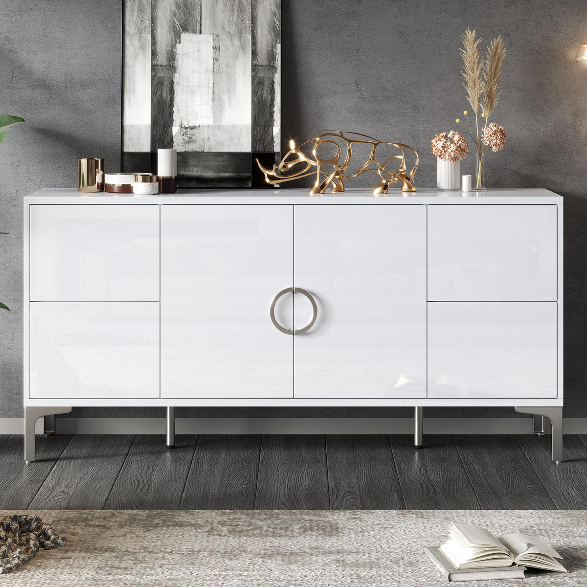 SIDEBOARD 150/38/59,5 cm Weiß aus MDF mit 4 Schubladen - Weiß, Holzwerkstoff (150/59.5/38cm) - OKWISH