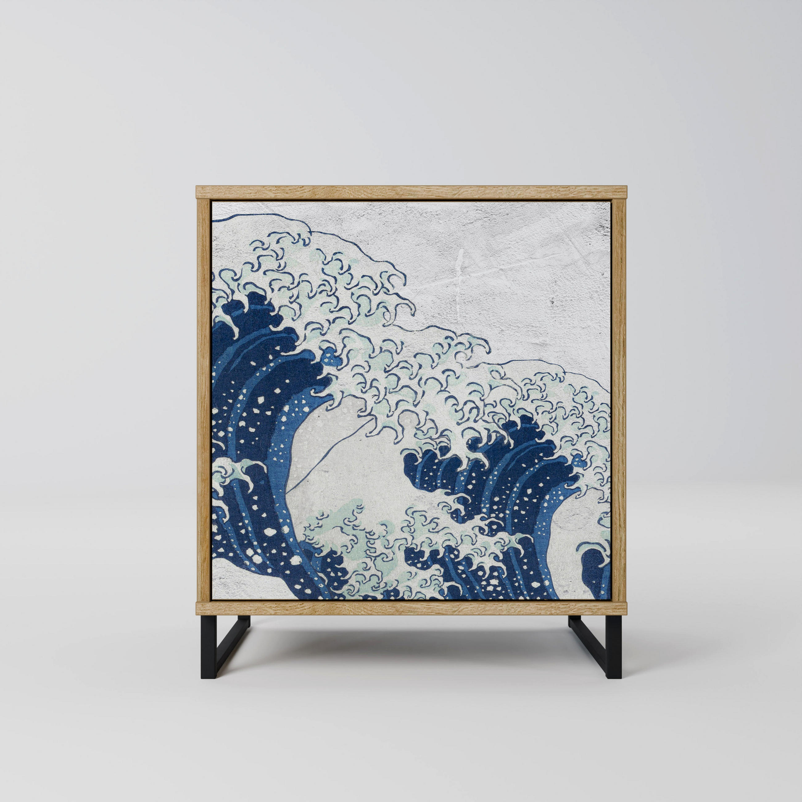 SIDEBOARD THE GREAT WAVE AT KANAGAWA, Eichefarben, 57,5x42x67,5 cm, Schwarze Metall-Rahmenfüße - Eichefarben/Multicolor, Holzwerkstoff/Metall (57.5/67.5/42cm) - SpaceRebels
