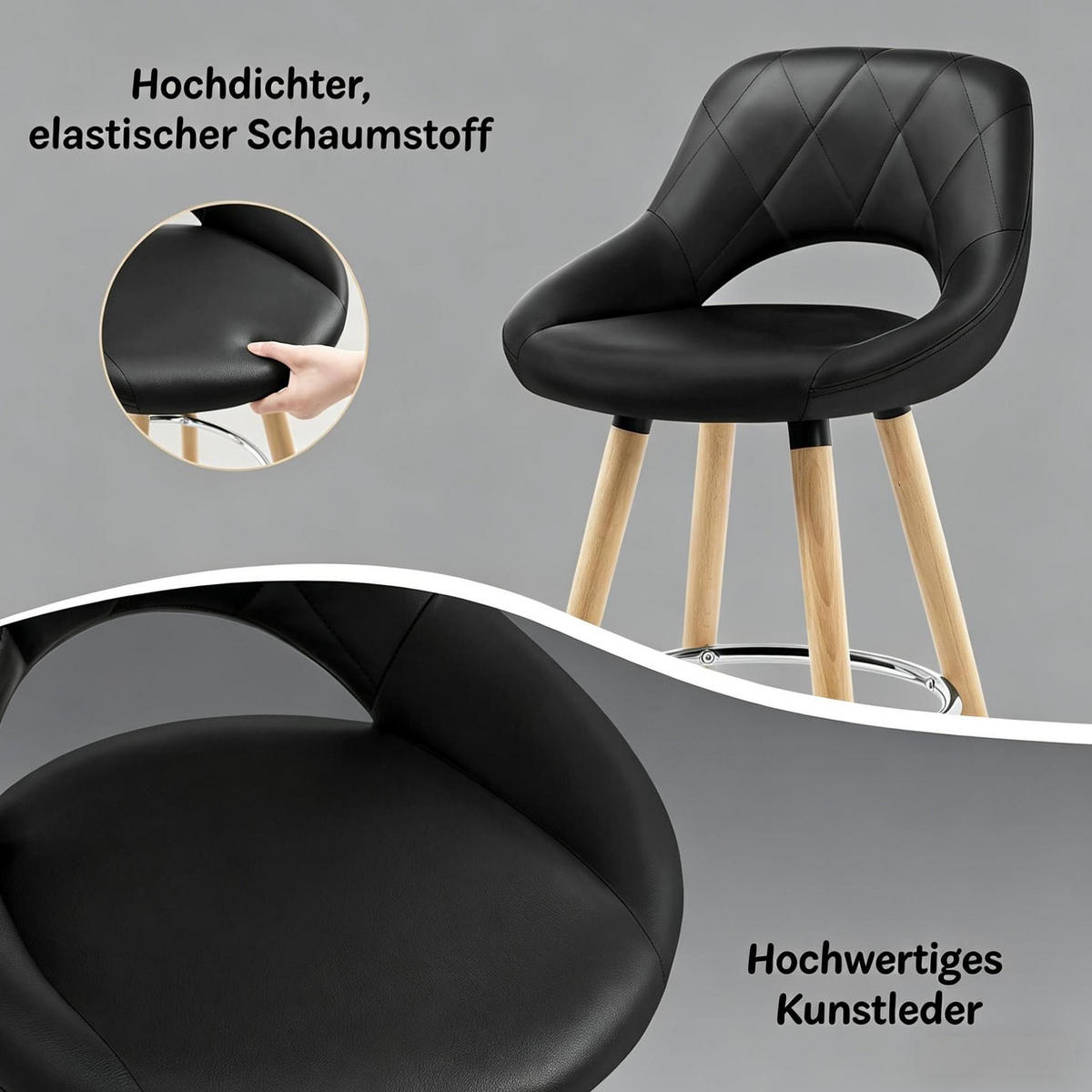 BARHOCKER mit Rückenlehne Sitzhöhe 68 cm Kunstleder Schwarz - Schwarz, Holz (40/70/43cm) - Meubliv