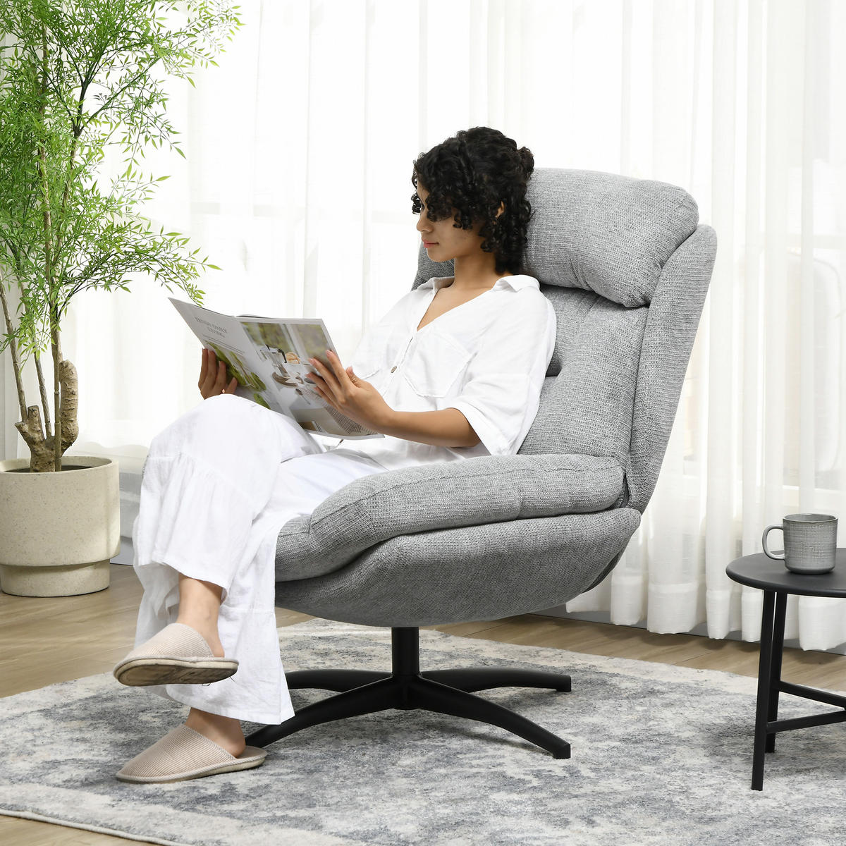 SESSEL Drehbar Loungesessel mit Wasserabweisend Chenille-Optik für Wohnzimmer - Schwarz/Grau, Textil/Metall (91/98/79cm) - HOMCOM